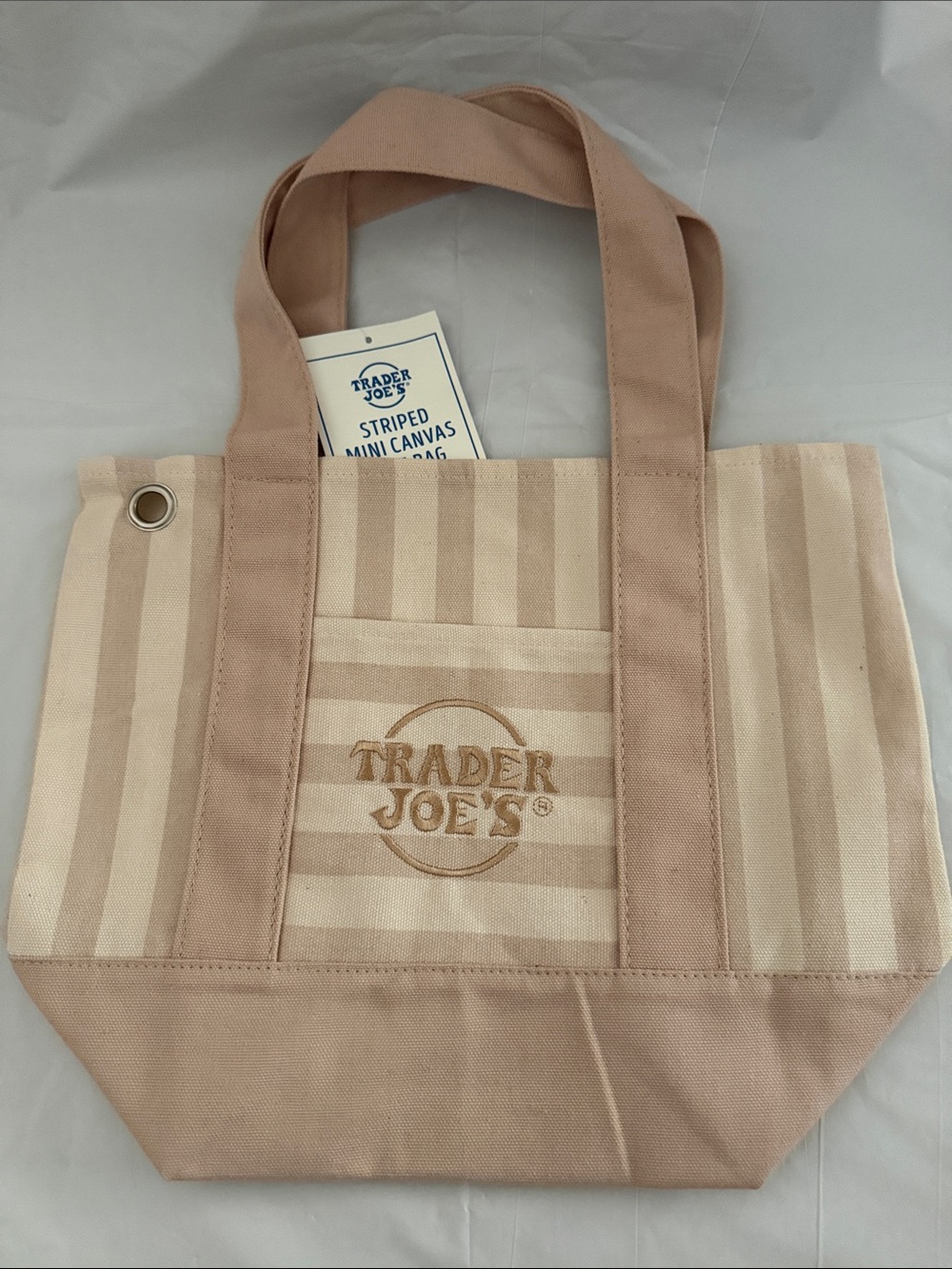 Trader Joe's Striped Canvas Mini Tote Bag - Beige/Cream with charm grommet